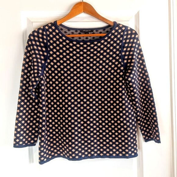Ann Taylor Petite Navy Blue Tan Diamond Print Knit Sweater - Picture 1 of 6